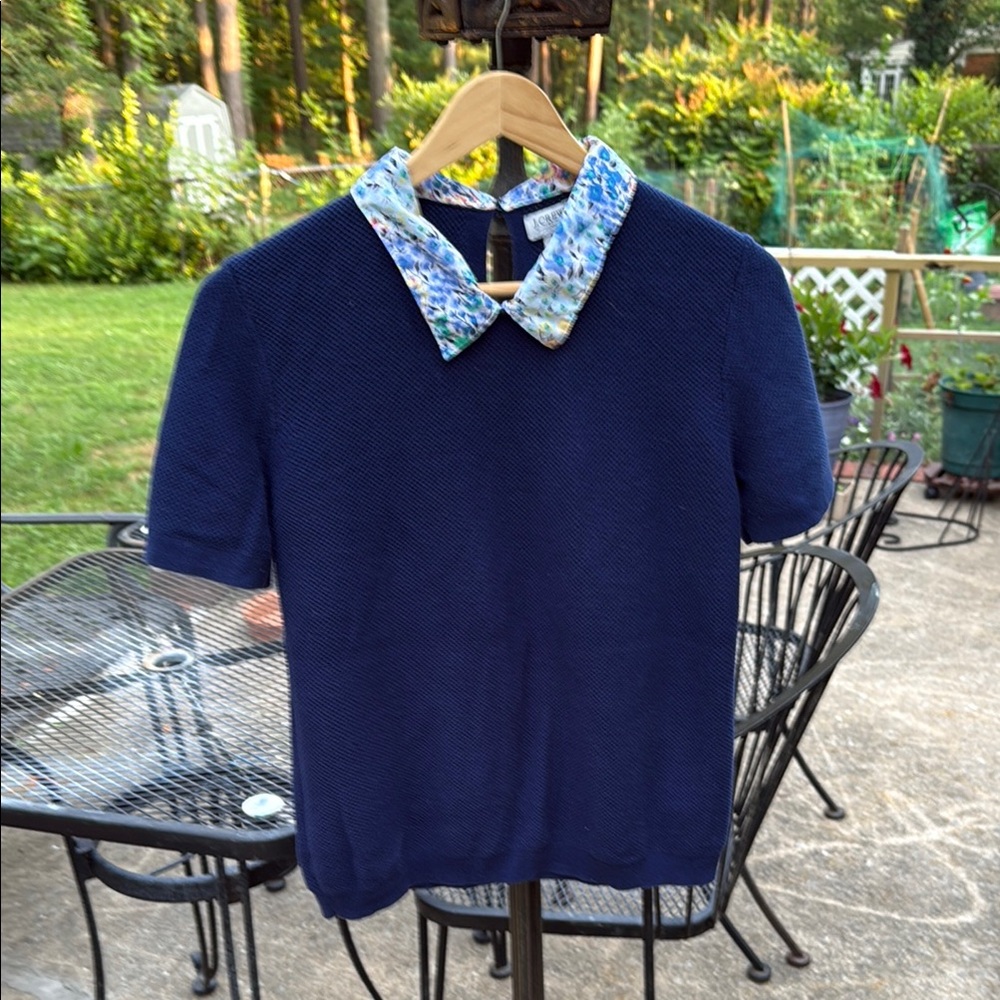 J. Crew Factory Navy Top with Floral Collar